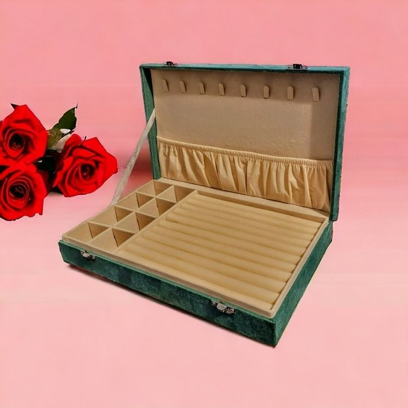 Green Jewelry Box Velvet w/Anti-Tarnish Lining & Latch 11.4x7.3x2" Travel Gift - Picture 9 of 10